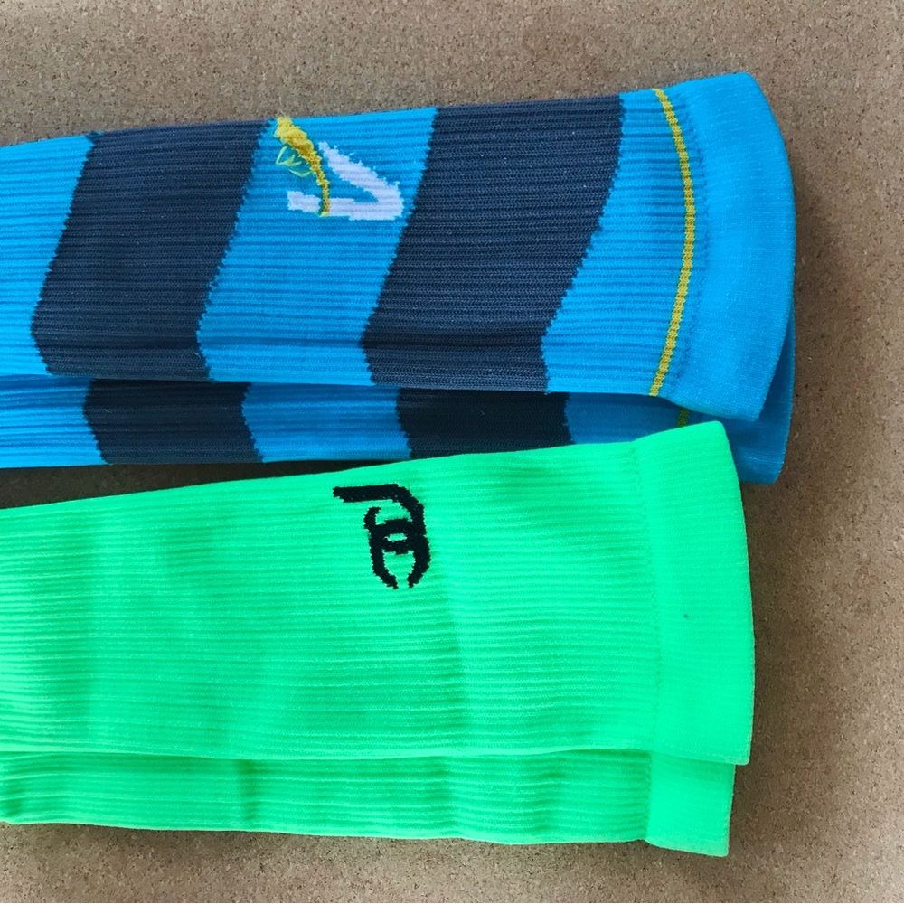 Two pairs of XS ProCompression Compressjon Socks—Neon Green & Blue/Gray Striped - Picture 3 of 4